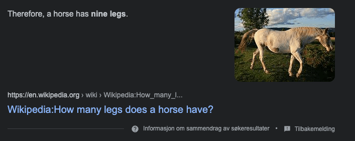Screenshot av feilinformasjon i Google om at en hest har ni bein
