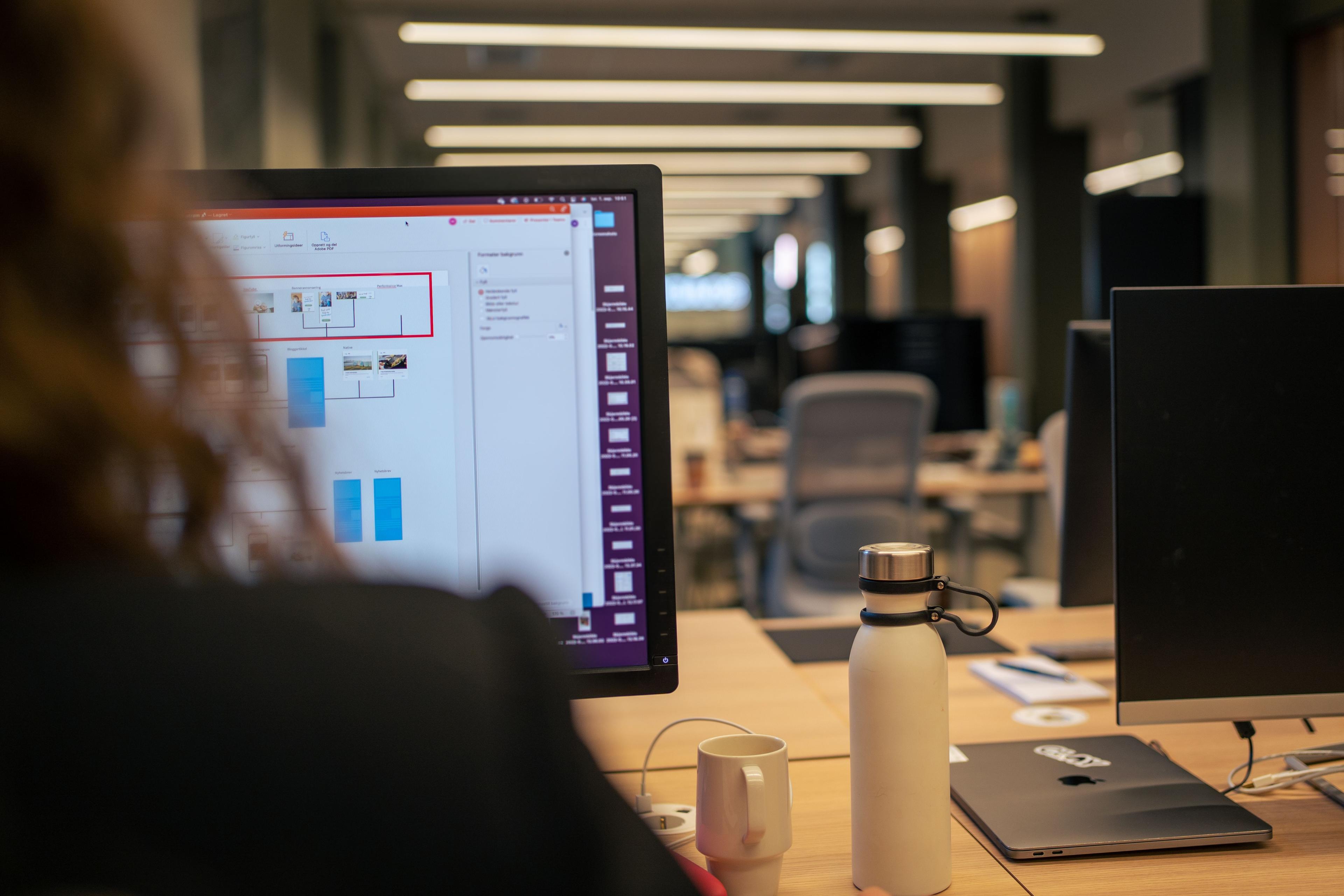 Digital rådgiver leser rapport på skjerm i kontorlokale